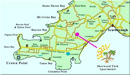 Klik voor grote Tobago-kaart met de locatie van Sherwood Park Apartments